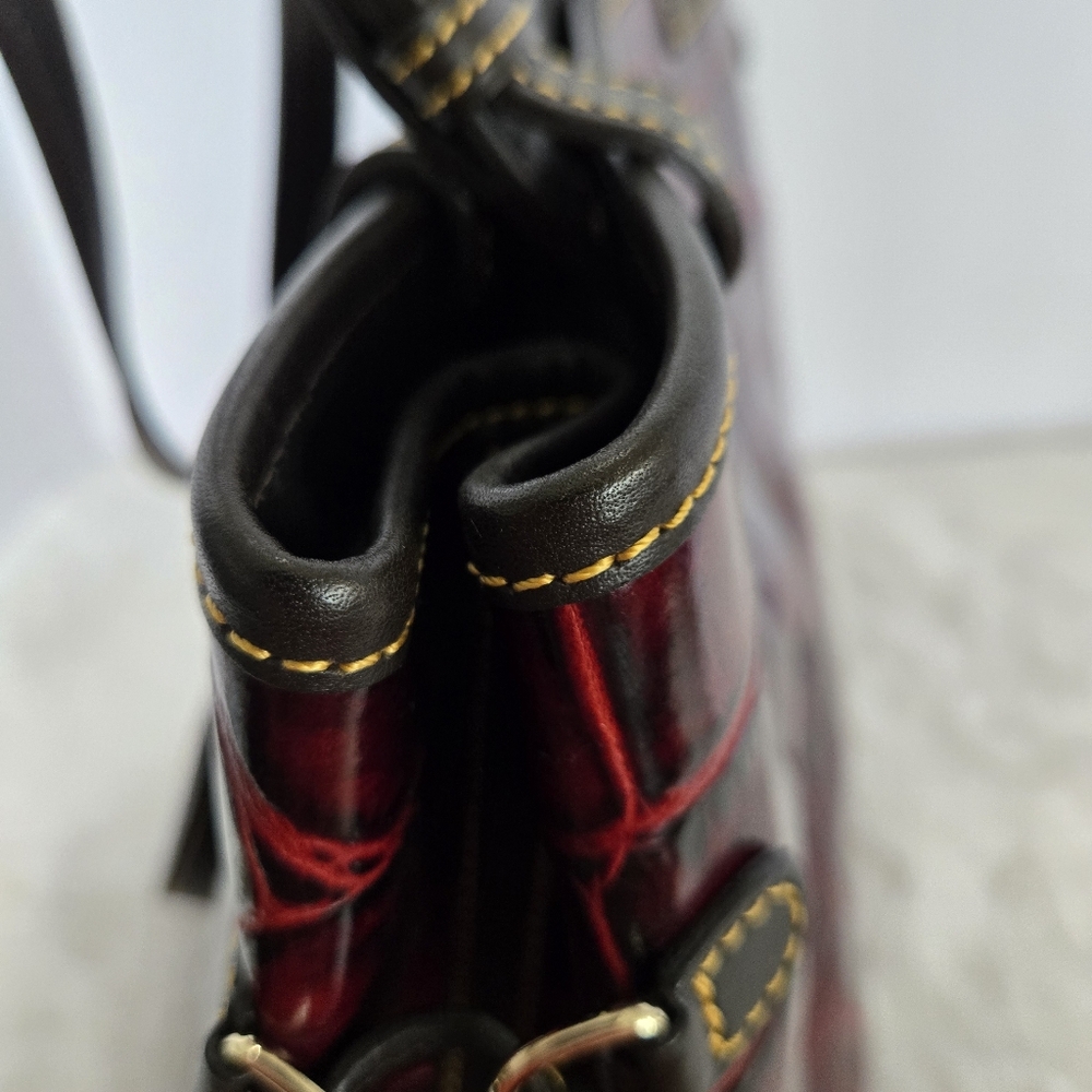 Dooney & Bourke Burgundy Croc Embossed Leather Double Strap Tassel Bag - Picture 10 of 12